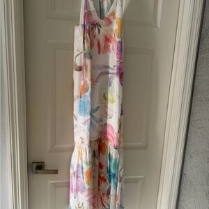 Floral Print White Maxi Dress with Multicolor Watercolor Blooms